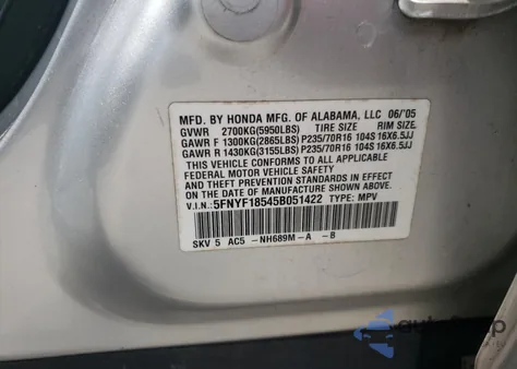 2005 Honda Pilot Exl z USA, uszkodzony, nr VIN 5FNYF18545B051422
